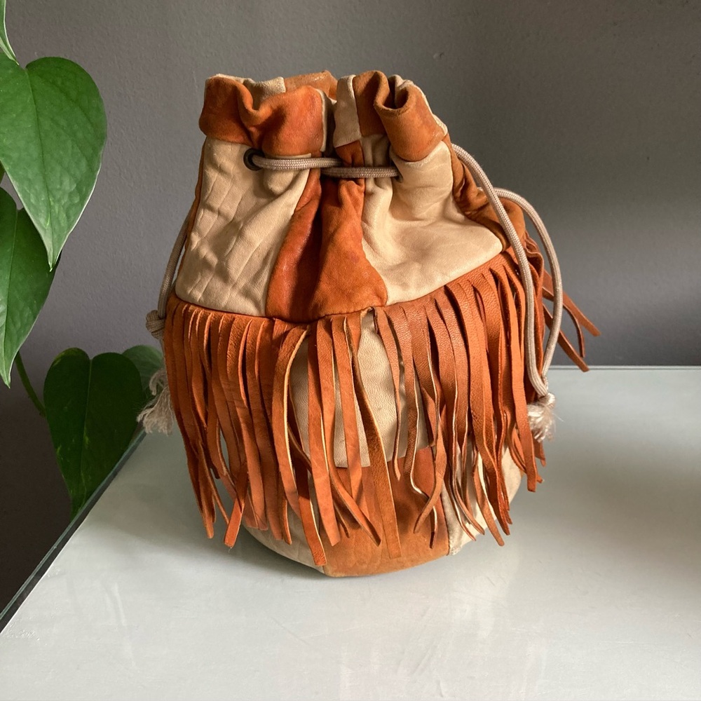 Leather Fringed Patchwork Drawstring Bucket Bag